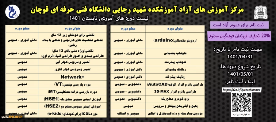 برگزاری دوره های آموزش آزاد - تابستان 1401 - آموزشکده شهید رجائی دانشگاه فنی و حرفه ای قوچان