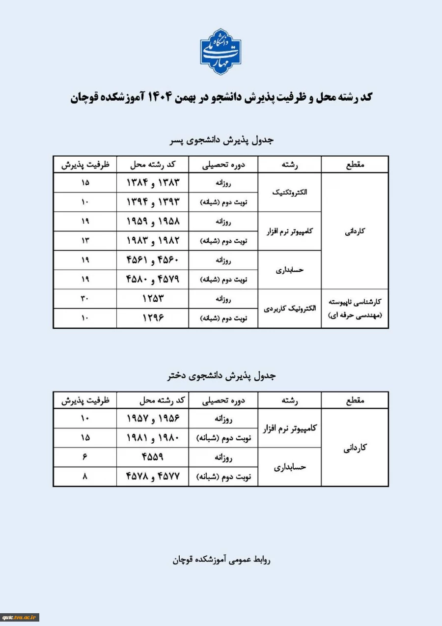 اطلاعیه تکمیل ظرفیت ورودی بهمن 1404 3