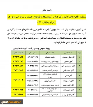 فهرست تلفن‌های اداری کارکنان آموزشکده قوچان جهت ارتباط ضروری در ایام امتحانات (۰۴۱)